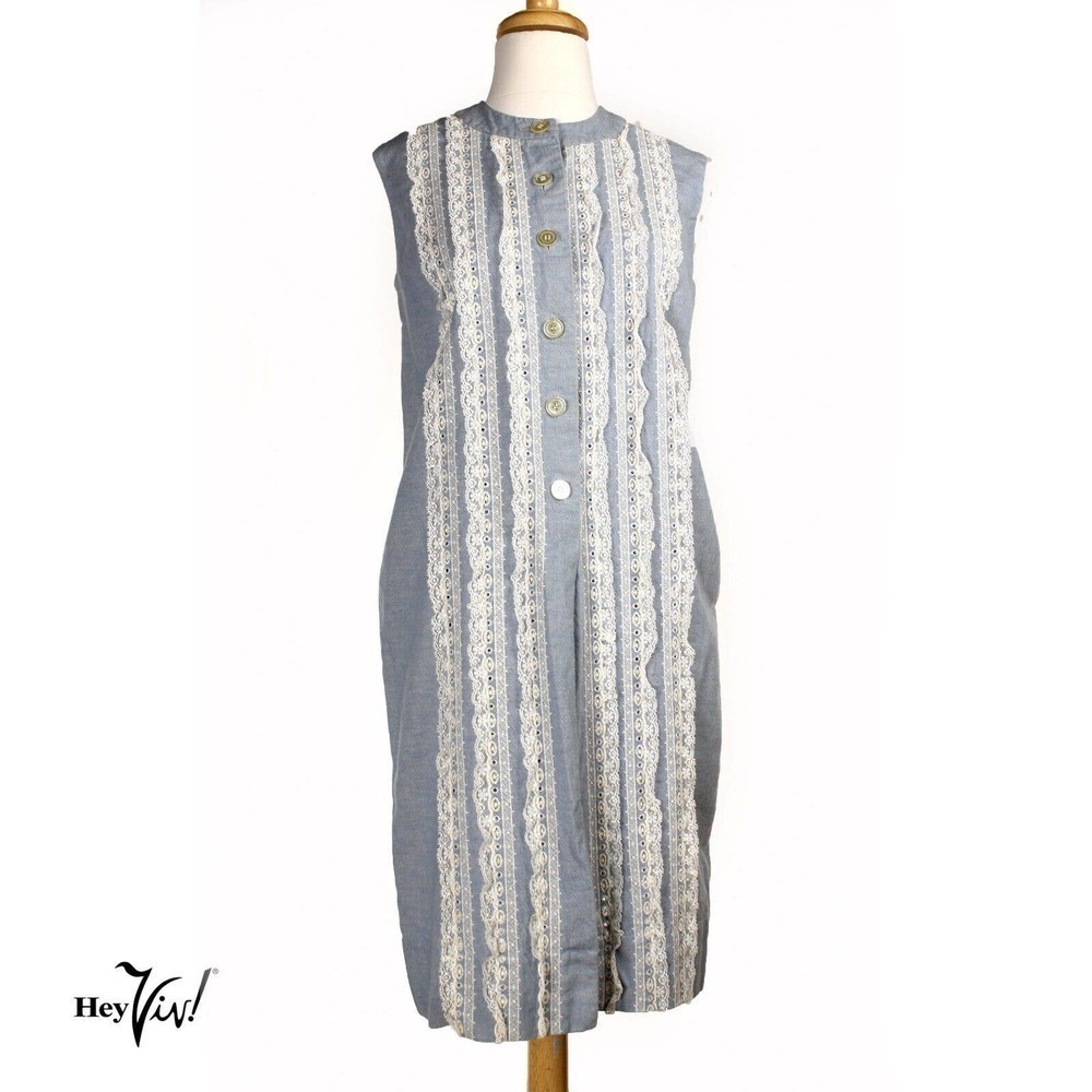 Vintage Sheath Dress Sleeveless Blue Cotton w Rows of Lace Size ML B38 - Hey Viv